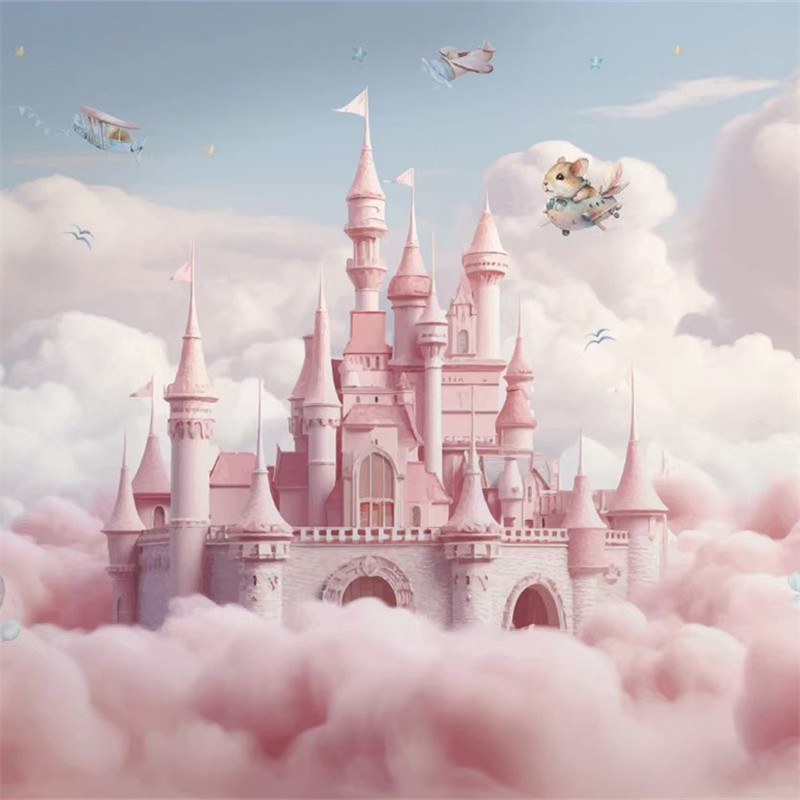 定制无缝墙布卡通可爱城堡壁画卧室背景壁布儿童房女孩粉色壁纸