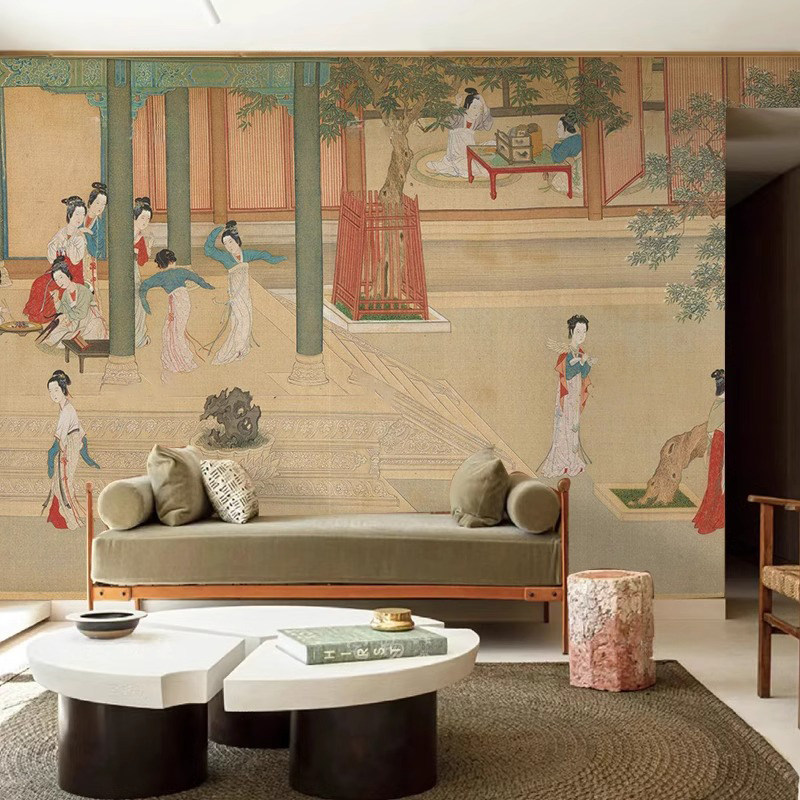 茶楼酒店唐人物高清壁画中式簪花仕女图背景墙布摄影拍照复古壁纸