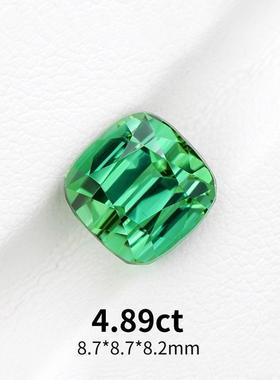4.89ct天然绿碧玺枕形切割戒面裸石精切全反火彩宝珠宝定制镶嵌