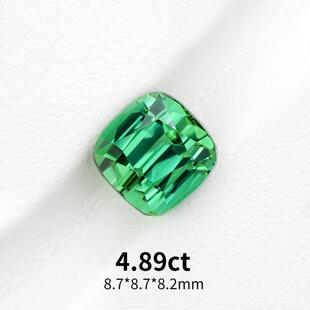 4.89ct天然绿碧玺枕形切割戒面裸石精切全反火彩宝珠宝定制镶嵌
