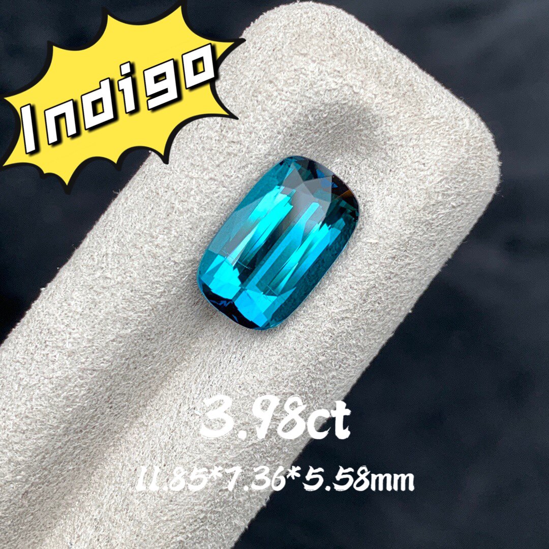 3.98ct天然蓝碧玺枕形戒面indigo碧玺靛蓝色宝石阿富汗碧玺裸石