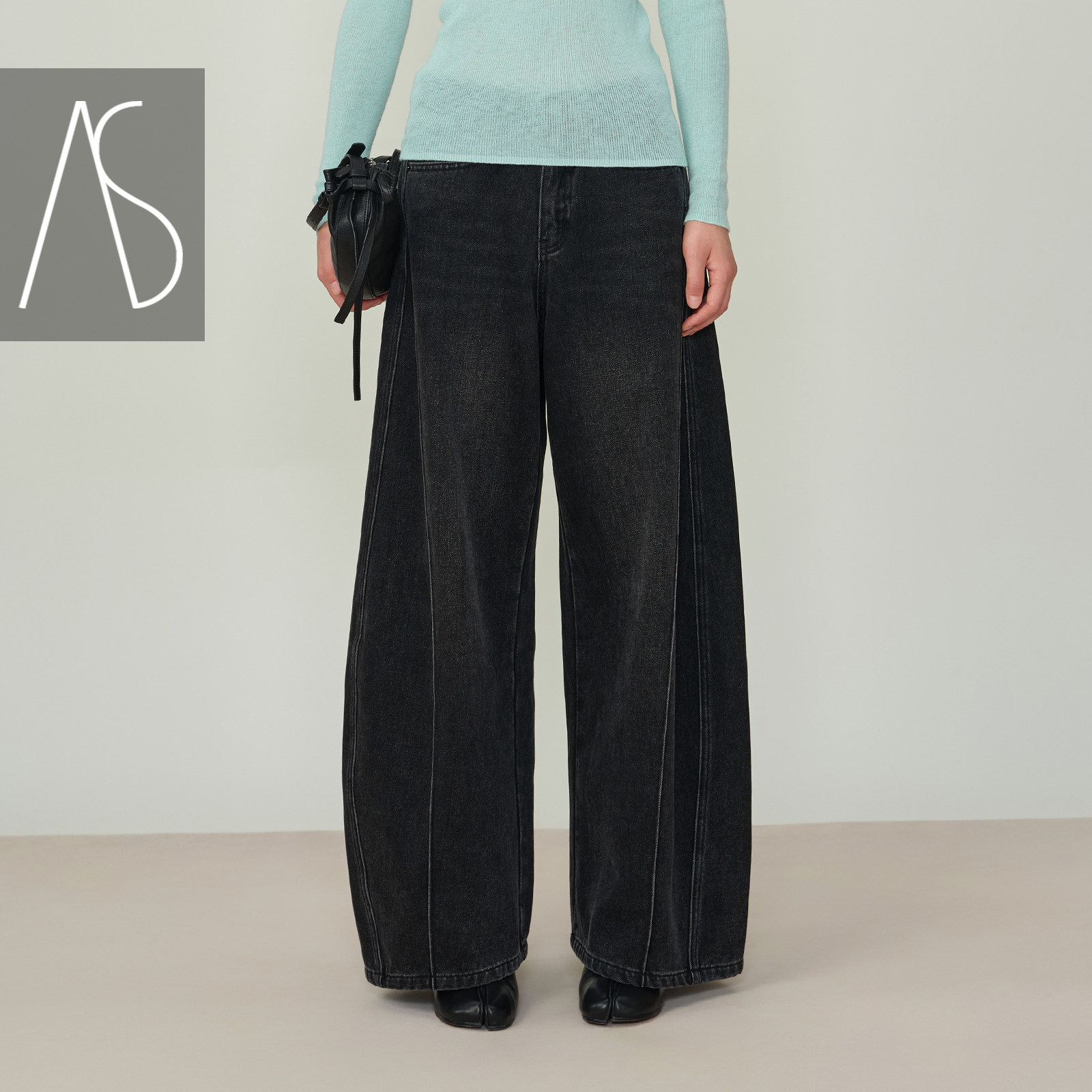 AS宽松牛仔裤女25冬季新款高腰阔腿黑灰牛仔明线装饰耐磨抗皱长裤,女装/女士精品,牛仔裤,淘宝优惠券,粉丝福利购,淘宝优惠卷