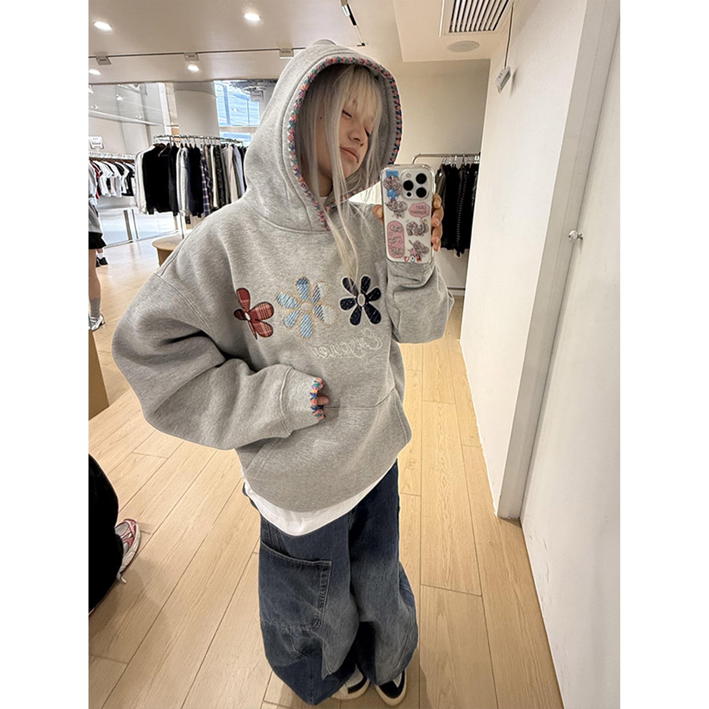 美式高街织带帽衫刺绣花朵卫衣女秋冬加绒重磅灰色情侣装连帽外套