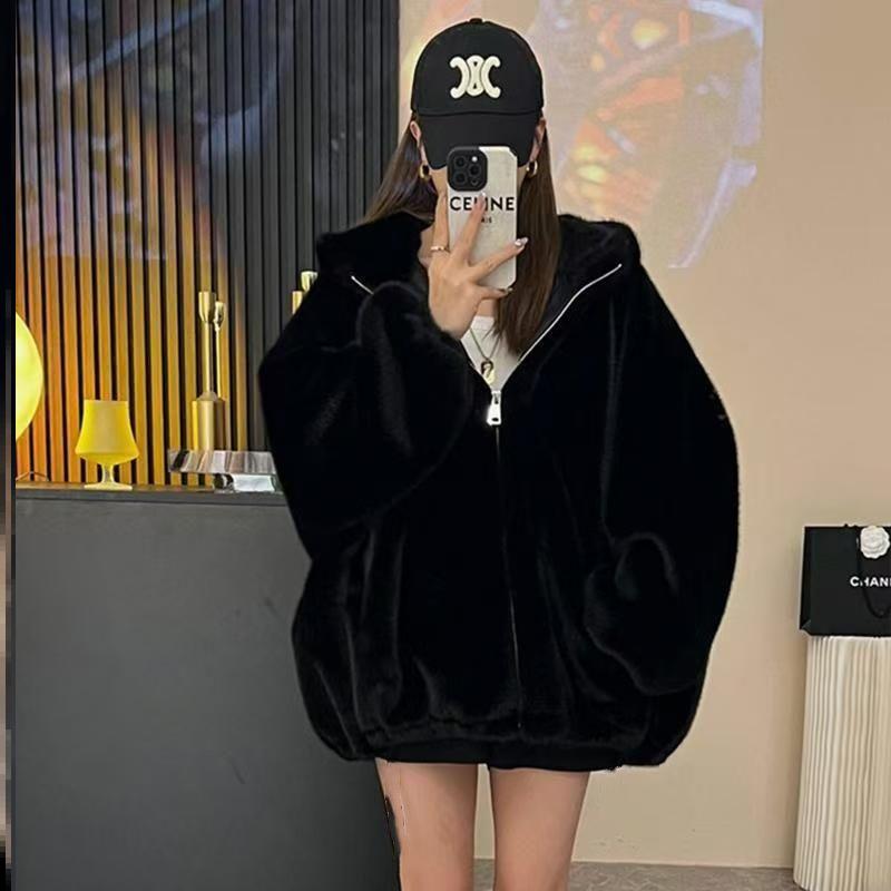 2025秋冬新款加绒加厚外套女宽松韩版连帽卫衣仿兔毛皮毛纯色上衣