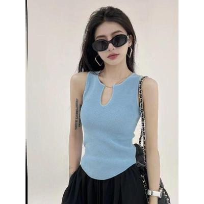 法式无袖背心女夏天设计感小众修身针织衫别致不规则V领上衣女装