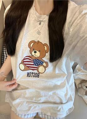 Brandy baby 夏新美式休闲国旗爱心小熊印花圆领短袖情侣纯棉T恤