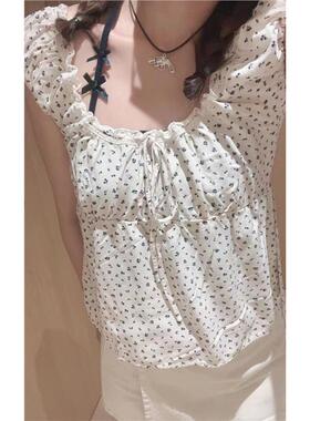 Brandy baby 法式上衣女碎花系带泡泡袖收腰短袖衬衫Casey Top