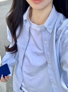 Brandy Baby春秋新款条纹长袖宽松衬衫外套休闲翻领大码叠穿上衣