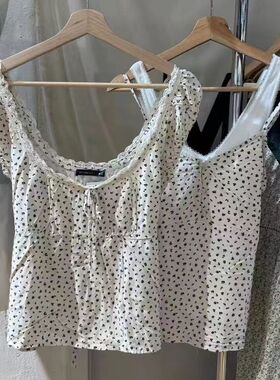 brandy baby新碎花纽扣泡泡袖一字肩短袖上衣bm甜美排扣吊带背心