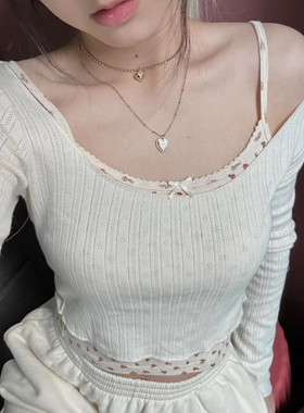 brandy Baby春季大圆领米色暗纹长袖T恤女打底衫bm薄款针织衫上衣