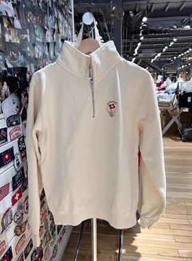 Brandy baby早秋新款宽松米色半拉链瑞士刺绣长袖卫衣套头上衣女