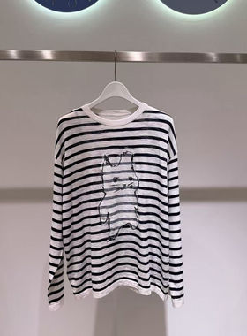 麦家春款卡通条纹针织衫女圆领长袖宽松休闲上衣4H2231171Q