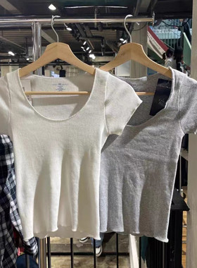 Brandy Baby纯欲风白色U领螺纹修身短袖T恤女修身辣妹木耳边上衣