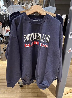 Brandy baby美式复古休闲瑞士国旗刺绣卫衣宽松圆领套头长袖上衣