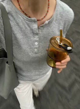 Brandy baby同款美式复古华夫格五粒扣圆领修身长袖T恤打底上衣女