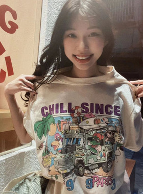 Brandy Baby新款恐龙开车印花短袖宽松T恤女夏纯棉大版圆领上衣潮