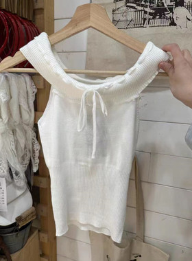 Brandy baby新款法式纯欲一字肩绑带背心女bm甜美露肩针织上衣女