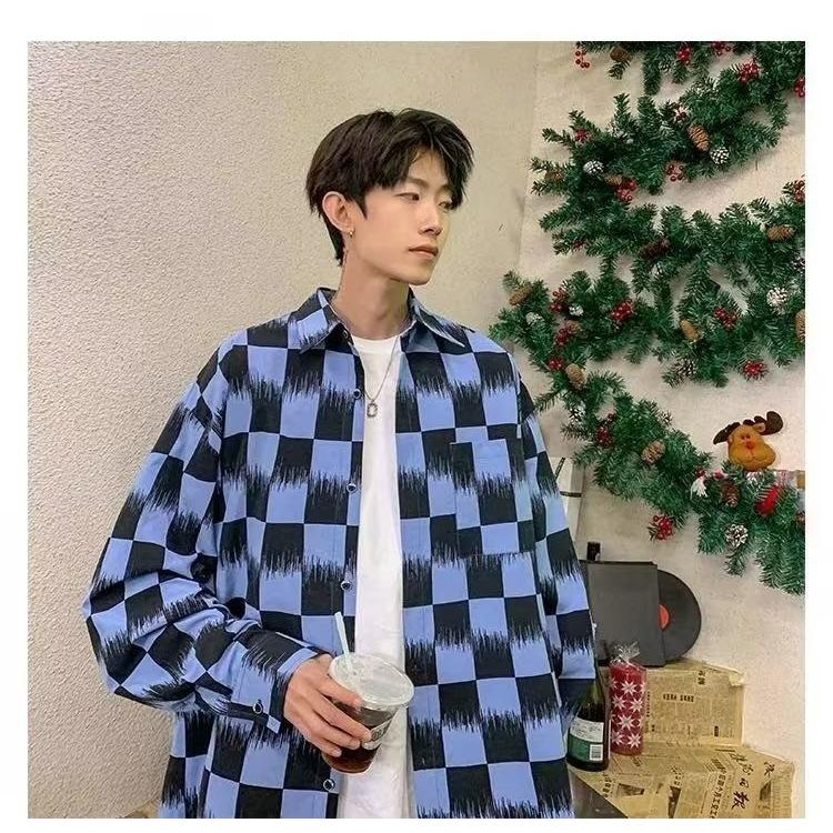 棋盘格衬衫男潮春季美式暗黑系潮流黑白格纹衬衣潮嘻哈休闲外套