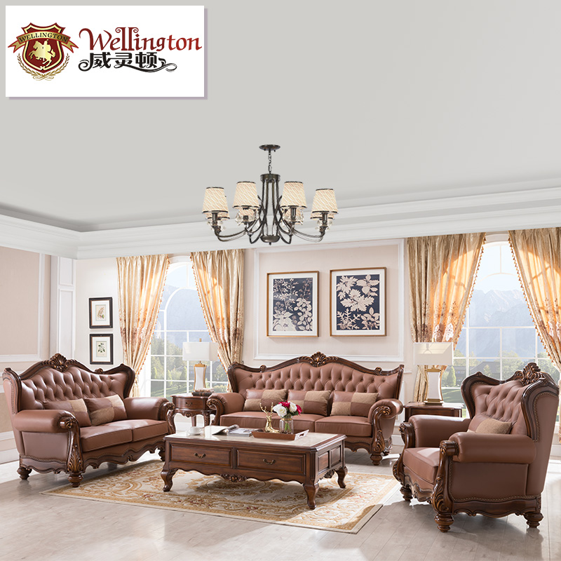 威灵顿 美式简约真皮沙发现代轻奢实木沙发组合简美沙发x603-19
