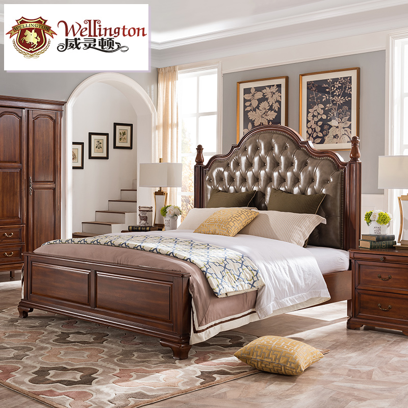威灵顿现代美式实木床1.8米简美轻奢真皮双人床主卧室大床a603-26