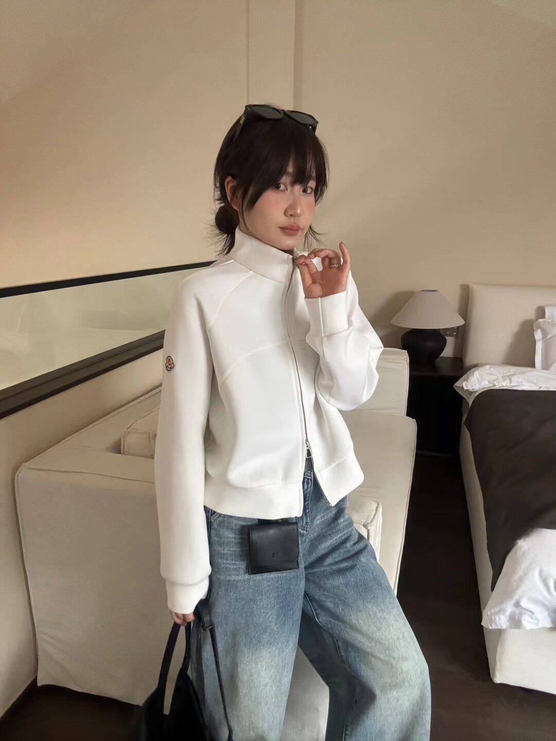 QMGJ青迈国际春季宽松时尚立领长袖双拉链休闲卫衣外套女短款上衣