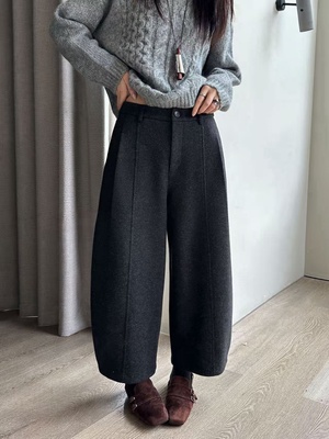 纽芮25305加厚加绒九分气球裤女冬小个子弯刀直筒阔腿八分奶奶裤