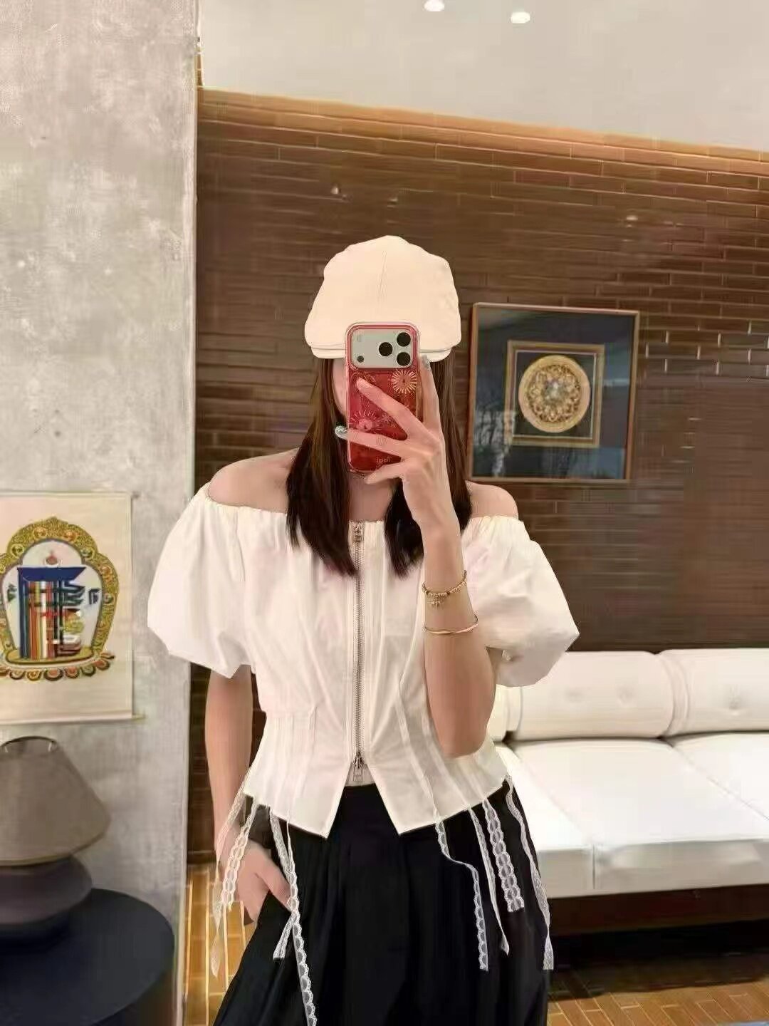青迈国际QM26H8129漏肩一字领衬衫女收腰显瘦拉链短款设计感上衣