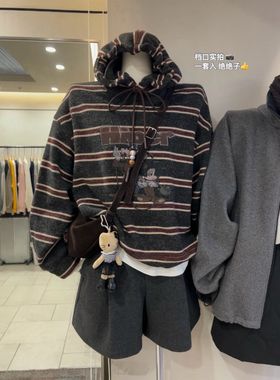 id sisters加绒戴帽卫衣复古条纹戴帽卫衣2025冬韩系米奇图案卫衣