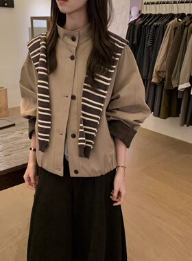 米鹿miluroom立领短款工装外套女配条纹针织披肩休闲夹克上衣秋款