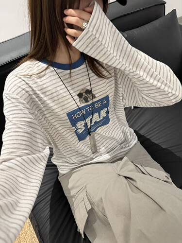 i-D sisters2026新款条纹长袖t恤女韩版宽松休闲百搭显瘦上衣夏季