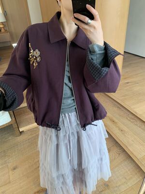 卡蔓kamanshi30852春紫色工装外套女复古撞色夹克小众休闲棒球服