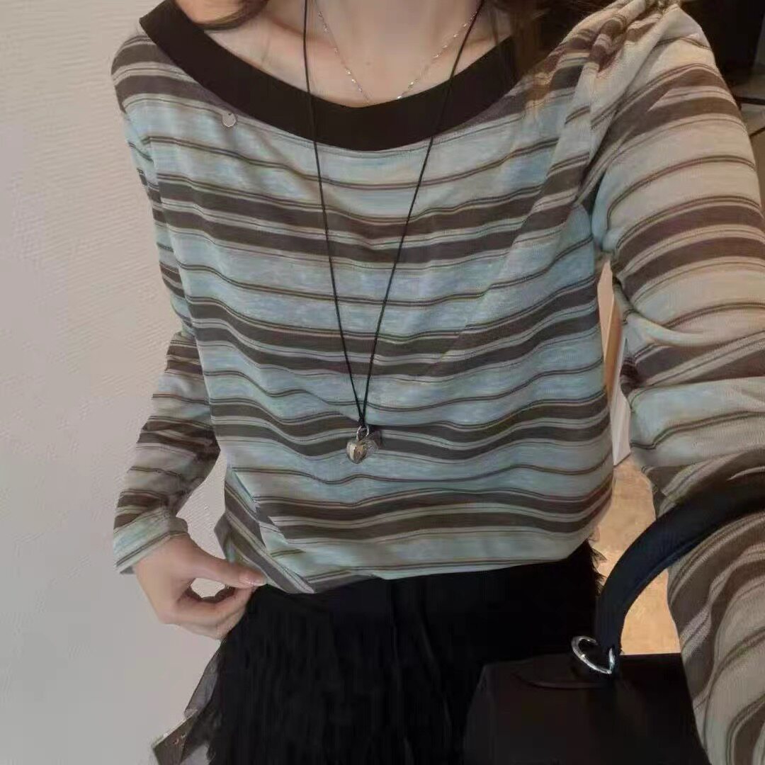 YZOY63230正品早秋新品一字领露肩宽松条纹莱赛尔天丝长袖T恤衫女