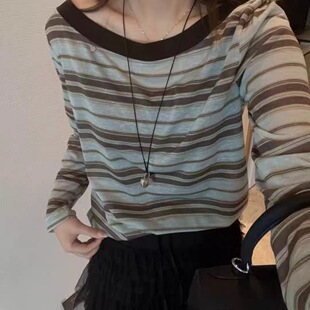 YZOY63230早秋新品一字领露肩宽松条纹莱赛尔天丝长袖T恤衫女