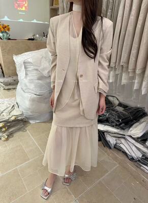 C.Kou唇蔻61571春夏V领一粒扣拼接欧根纱西装外套宽松显瘦上衣女