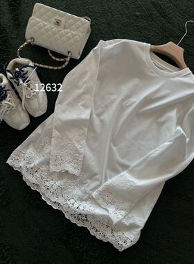 ONE12632宽松中长T恤衫蕾丝花边拼接休闲显瘦上衣打底衫女春季one
