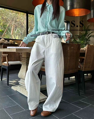 S-SHE57006-1极简风白色高腰弯刀裤宽松显瘦百搭休闲阔腿裤松弛感