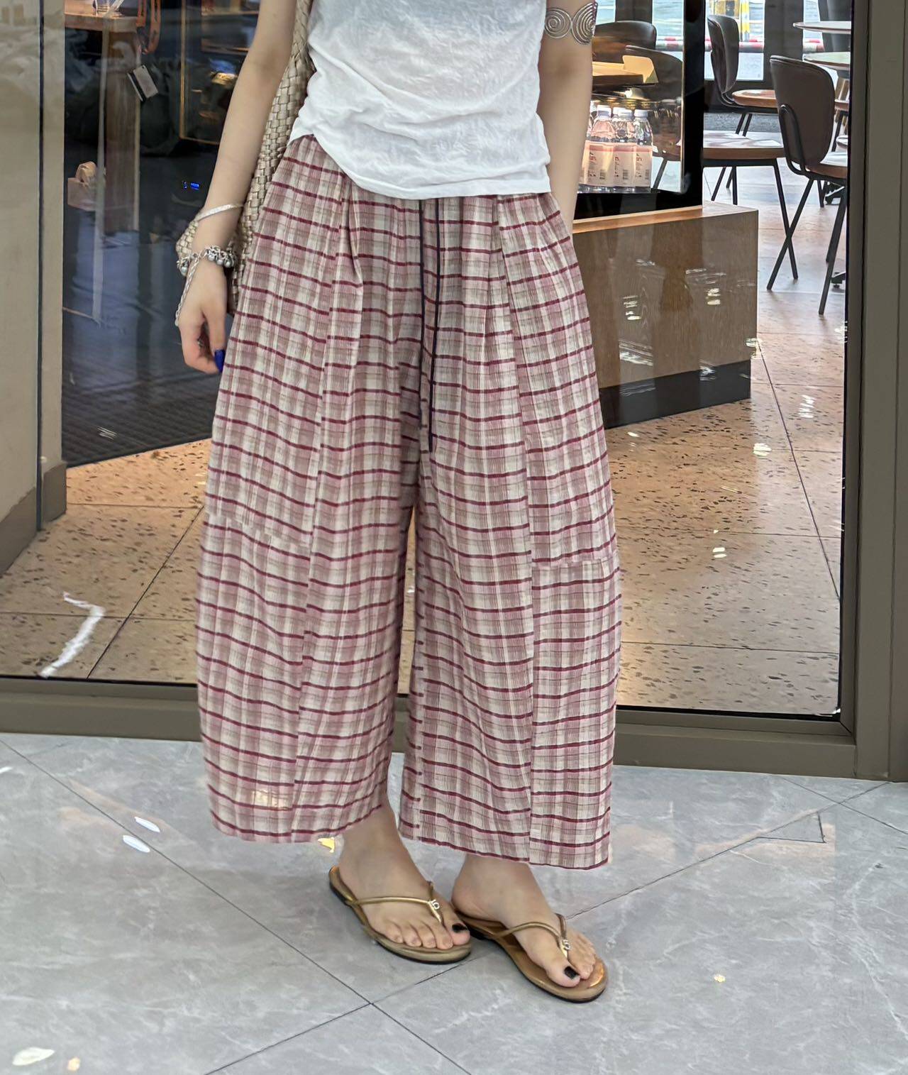 大超小越撞色格子九分气球阔腿裤女2026夏季新款女装萝卜休闲裤