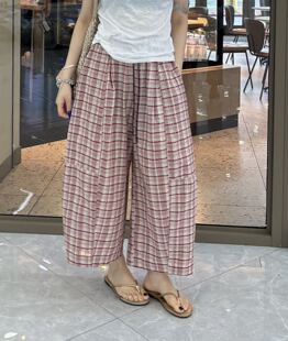 大超小越撞色格子九分气球阔腿裤女2026夏季新款女装萝卜休闲裤