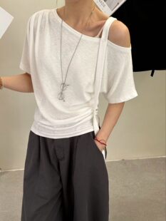 DX独秀6191正品设计感褶皱一字肩飘带短袖T恤女新款露肩显瘦上衣