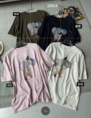 ONE2026夏季新款韩版宽松显瘦亮片大象印花短袖T恤宽松减龄上衣女