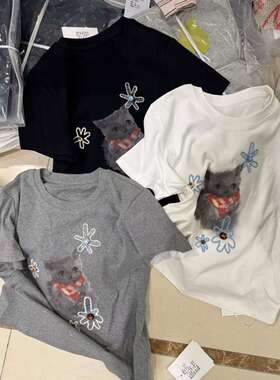i-D sisters-1303短袖T恤女2026春夏新款猫咪刺绣正肩短款上衣ID