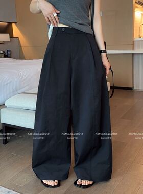 卡麦2026春季新款韩版简约阔腿长裤百搭宽松弯刀休闲裤子女26001