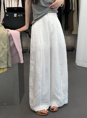 韩国SOMMY正品夏新款半松紧腰围韩版休闲纯亚麻阔腿弯刀休闲裤598