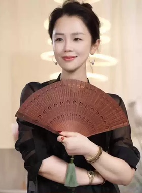 Y【叭哒不惑】中国风复古镂空木质流苏血檀扇子（打开39*22cm）