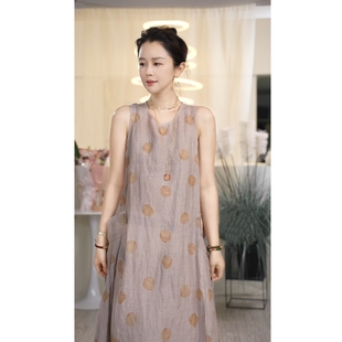 Y【叭哒不惑】花野 亚麻波点无袖简约度假风宽松显瘦连衣裙女