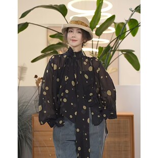 X【叭哒不惑】罗曼史 真丝飘带波点简约百搭衬衫女气质上衣高级感