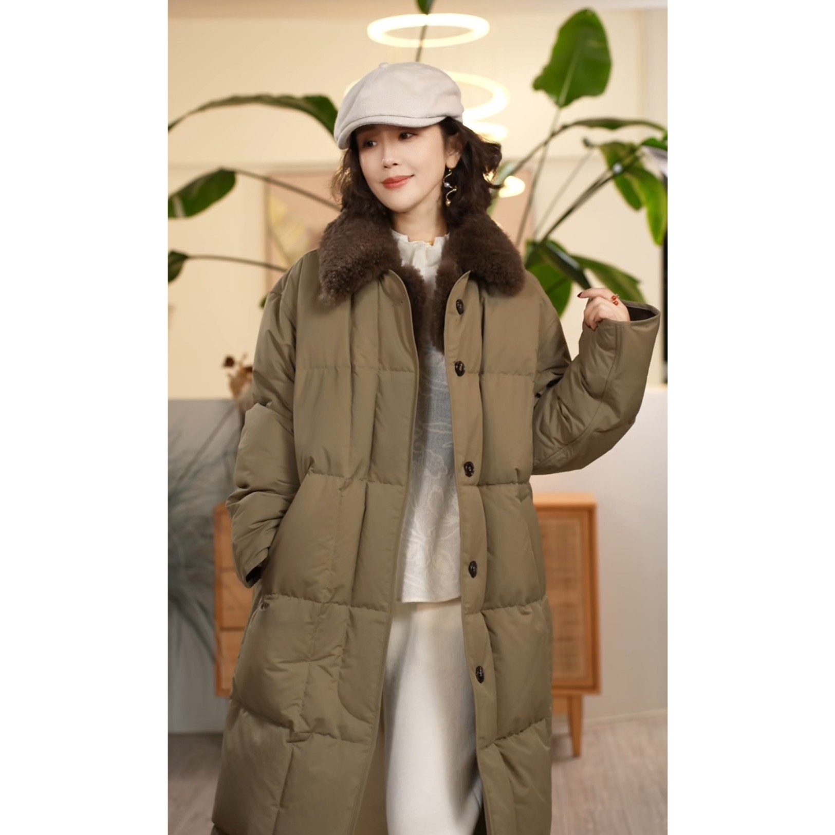 Y【叭哒不惑】女明星 鹅绒长款可拆卸毛领上衣外套保暖宽松休闲风