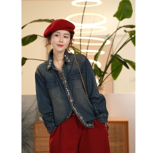 Y【叭哒不惑】棉百搭翻领绣花衬衫时尚复古牛仔长袖上衣