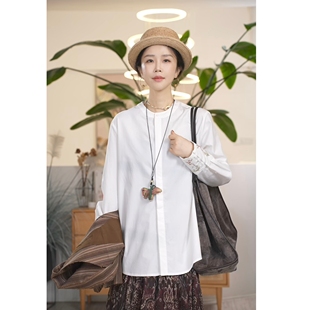 Y【叭哒不惑】花期 棉休闲刺绣长袖复古衬衣纯色中式单排扣衬衫