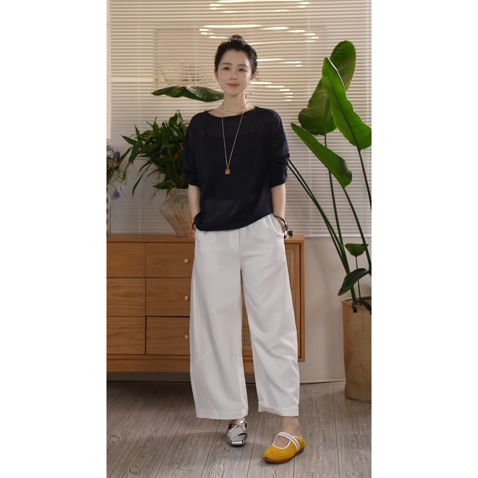 X【叭哒不惑】晚风白 莱赛尔阔腿裤高腰松紧腰宽松百搭女士休闲裤